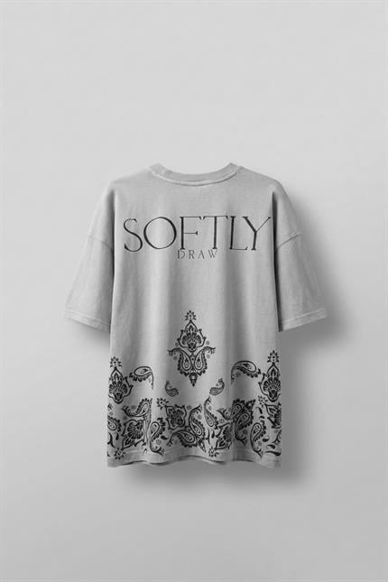 Erkek Oversize Etknik Desen Baskılı Yıkamalı T-Shirt Gri