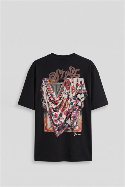Erkek Oversize Etnik Desenli 3D Sırt Baskılı T-Shirt Siyah