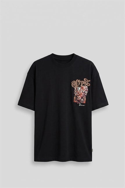 Erkek Oversize Etnik Desenli 3D Sırt Baskılı T-Shirt Siyah