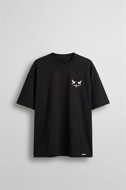 Erkek Oversize Fermuar Detaylı Minimal Nakışlı T-Shirt Siyah