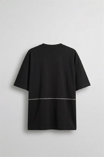 Erkek Oversize Fermuar Detaylı Minimal Nakışlı T-Shirt Siyah