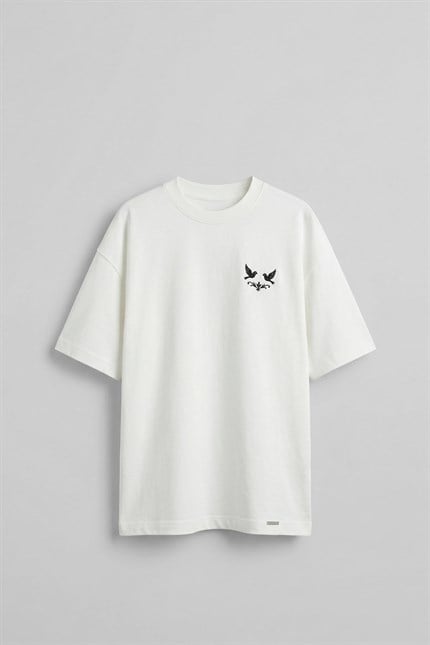 Erkek Oversize Fermuar Detaylı Minimal Nakışlı T-Shirt Ekru