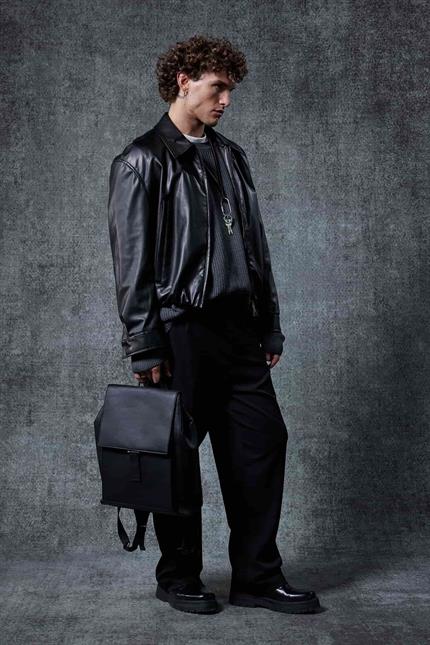 Erkek Oversize Fermuarlı Basic Deri Ceket Siyah