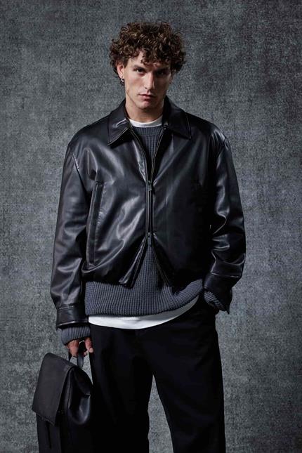 Erkek Oversize Fermuarlı Basic Deri Ceket Siyah