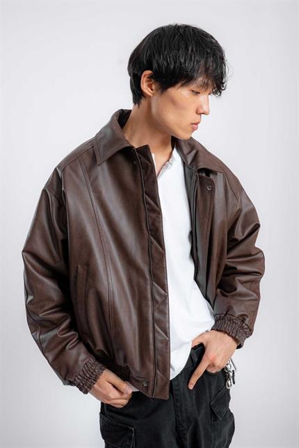 Erkek Oversize Fermuarlı Basic Deri Mont Kahverengi