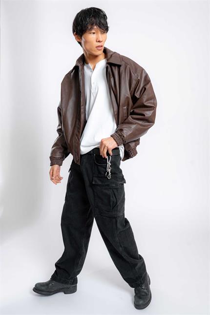 Erkek Oversize Fermuarlı Basic Deri Mont Kahverengi