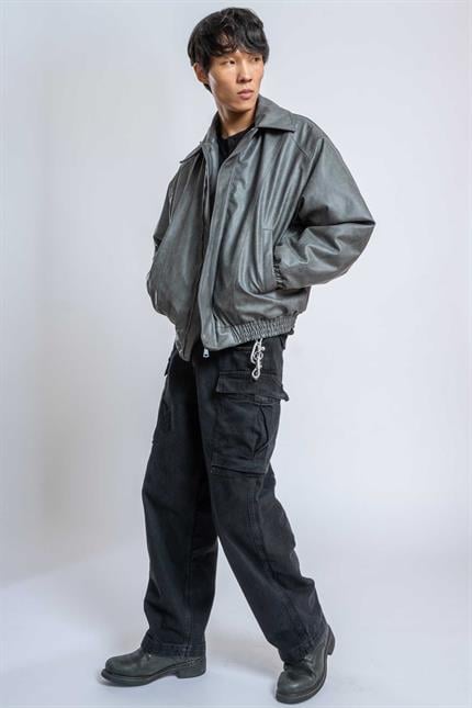 Erkek Oversize Fermuarlı Basic Deri Mont Gri