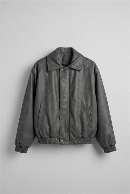 Erkek Oversize Fermuarlı Basic Deri Mont Gri