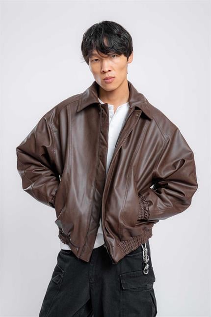 Erkek Oversize Fermuarlı Basic Deri Mont Kahverengi