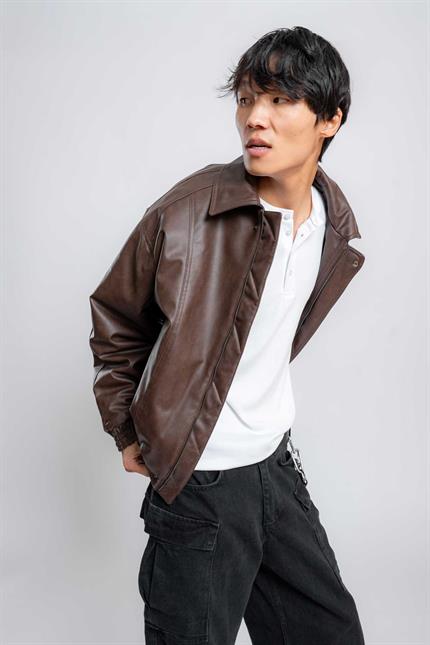 Erkek Oversize Fermuarlı Basic Deri Mont Kahverengi