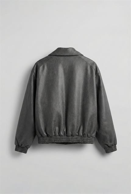 Erkek Oversize Fermuarlı Basic Deri Mont Gri