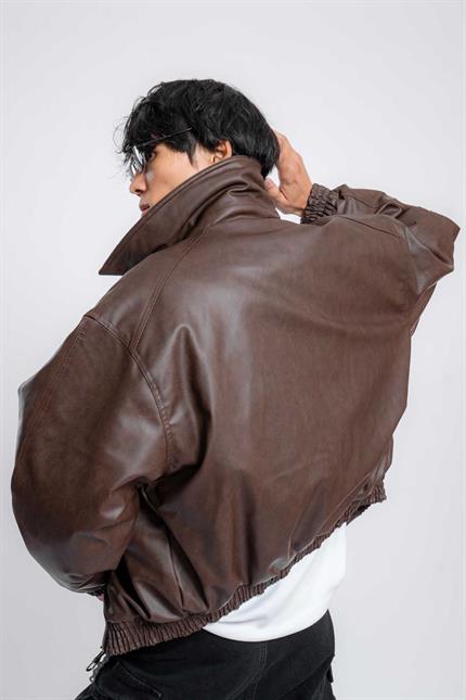 Erkek Oversize Fermuarlı Basic Deri Mont Kahverengi
