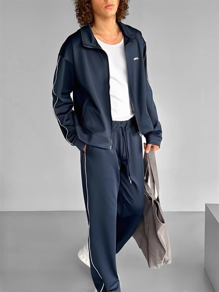 Erkek Oversize Fermuarlı Baskılı Sweatshirt Lacivert