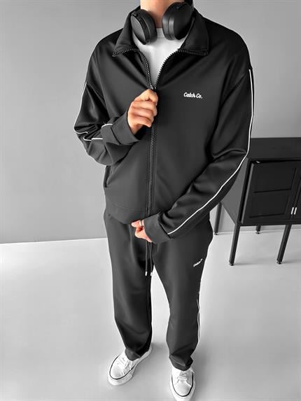 Erkek Oversize Fermuarlı Baskılı Sweatshirt Siyah