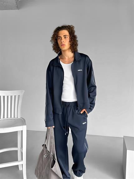 Erkek Oversize Fermuarlı Baskılı Sweatshirt Lacivert