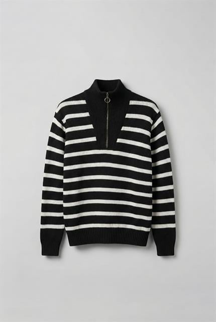 Erkek Oversize Fermuarlı Çizgili Kazak Siyah