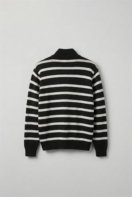 Erkek Oversize Fermuarlı Çizgili Kazak Siyah