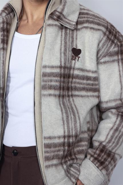 Erkek Oversize Fermuarlı Ekose Desenli Ceket Bej
