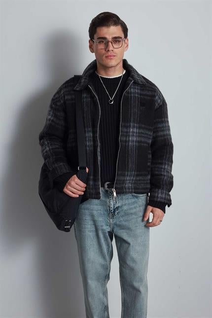 Erkek Oversize Fermuarlı Ekose Desenli Ceket Siyah