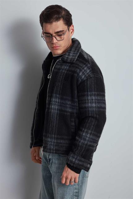 Erkek Oversize Fermuarlı Ekose Desenli Ceket Siyah