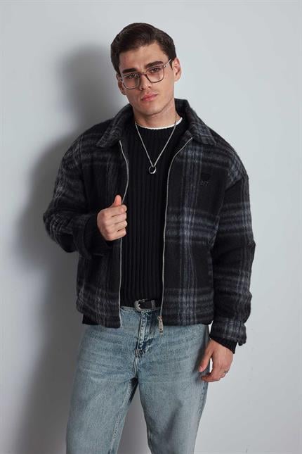 Erkek Oversize Fermuarlı Ekose Desenli Ceket Siyah