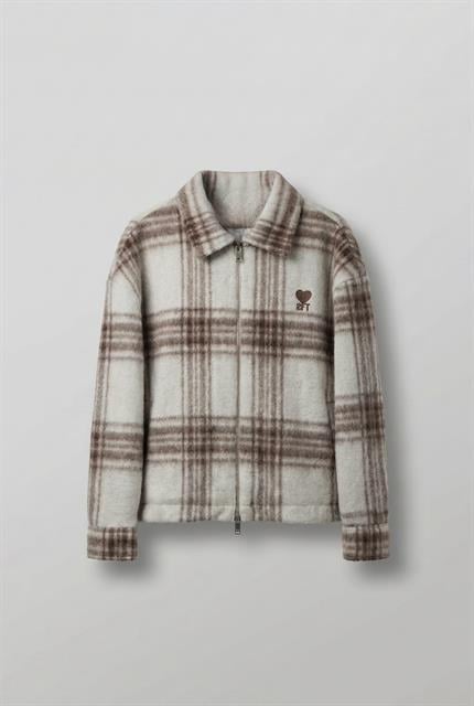 Erkek Oversize Fermuarlı Ekose Desenli Ceket Bej