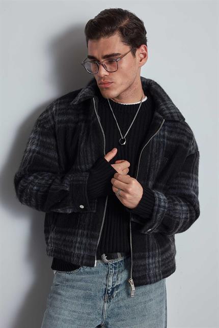Erkek Oversize Fermuarlı Ekose Desenli Ceket Siyah