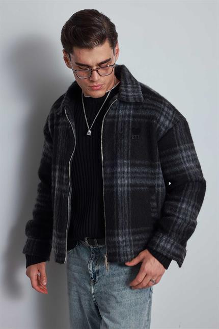 Erkek Oversize Fermuarlı Ekose Desenli Ceket Siyah