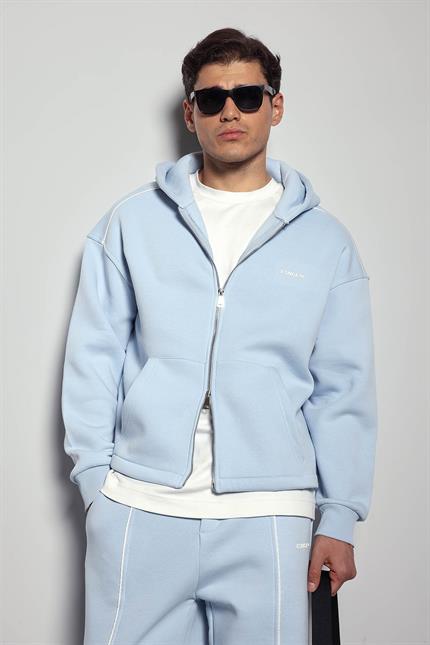 Erkek Oversize Fermuarlı Kapüşonlu Eşofman Takımı Açık Mavi