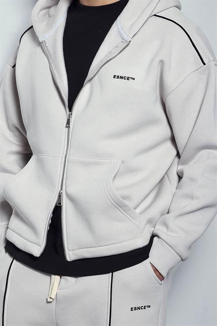 Erkek Oversize Fermuarlı Kapüşonlu Eşofman Takımı Gri