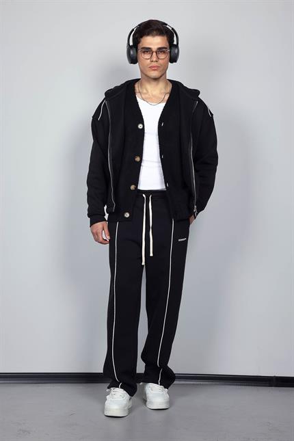 Erkek Oversize Fermuarlı Kapüşonlu Eşofman Takımı Siyah