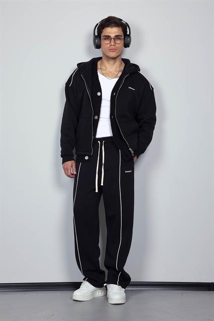 Erkek Oversize Fermuarlı Kapüşonlu Eşofman Takımı Siyah