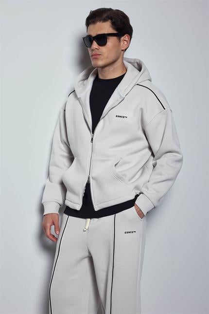 Erkek Oversize Fermuarlı Kapüşonlu Eşofman Takımı Gri