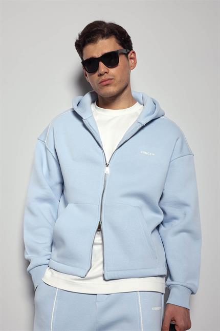 Erkek Oversize Fermuarlı Kapüşonlu Eşofman Takımı Açık Mavi