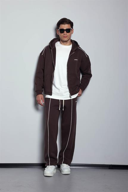 Erkek Oversize Fermuarlı Kapüşonlu Eşofman Takımı Kahverengi