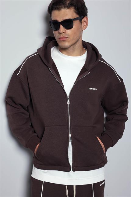 Erkek Oversize Fermuarlı Kapüşonlu Eşofman Takımı Kahverengi