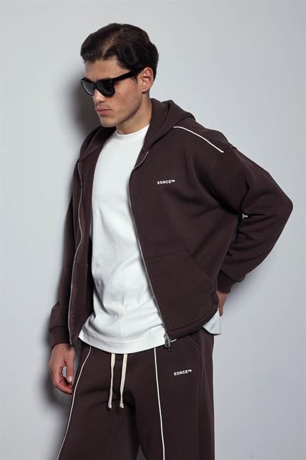 Erkek Oversize Fermuarlı Kapüşonlu Eşofman Takımı Kahverengi