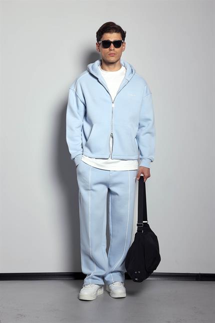 Erkek Oversize Fermuarlı Kapüşonlu Eşofman Takımı Açık Mavi