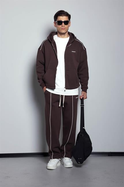 Erkek Oversize Fermuarlı Kapüşonlu Eşofman Takımı Kahverengi