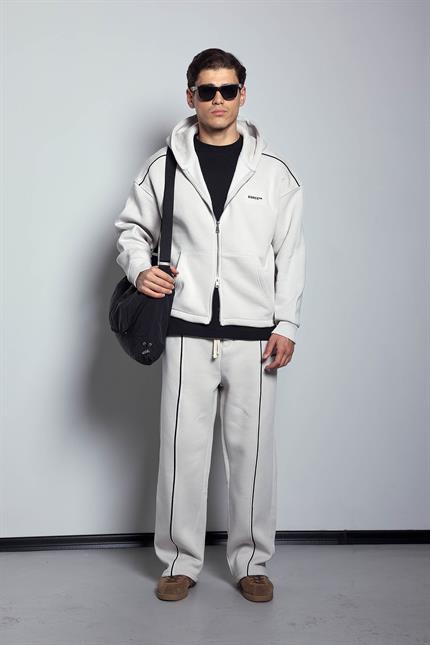 Erkek Oversize Fermuarlı Kapüşonlu Eşofman Takımı Gri