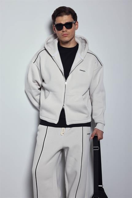 Erkek Oversize Fermuarlı Kapüşonlu Eşofman Takımı Gri