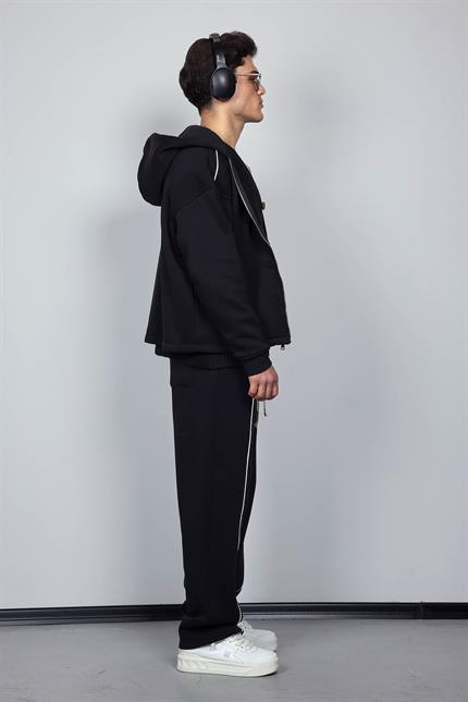 Erkek Oversize Fermuarlı Kapüşonlu Eşofman Takımı Siyah