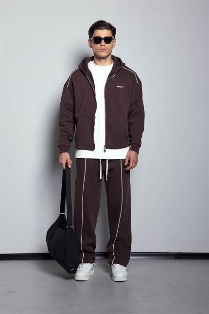 Erkek Oversize Fermuarlı Kapüşonlu Eşofman Takımı Kahverengi