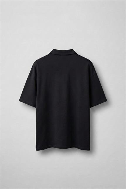 Erkek Oversize Fermuarlı Polo Yaka Baskılı T-Shirt Siyah