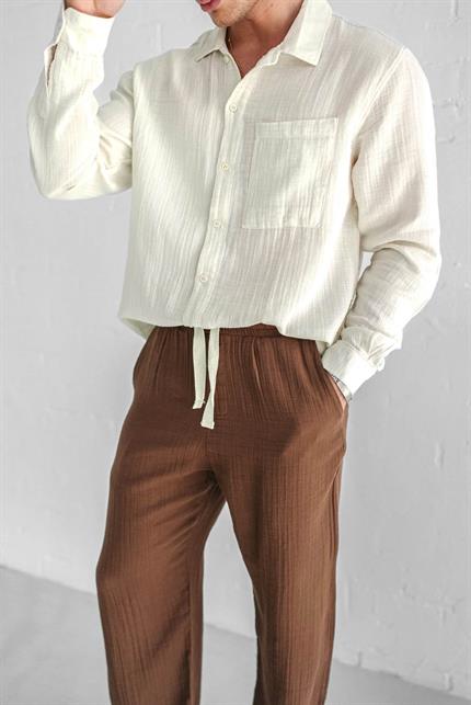 Erkek Oversize Fit Uzun Kollu Müslin Gömlek Bej