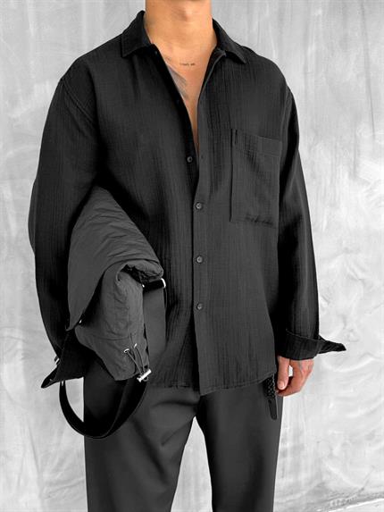 Erkek Oversize Fit Uzun Kollu Müslin Gömlek Siyah
