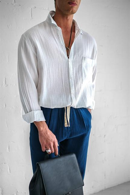 Erkek Oversize Fit Uzun Kollu Müslin Gömlek Beyaz