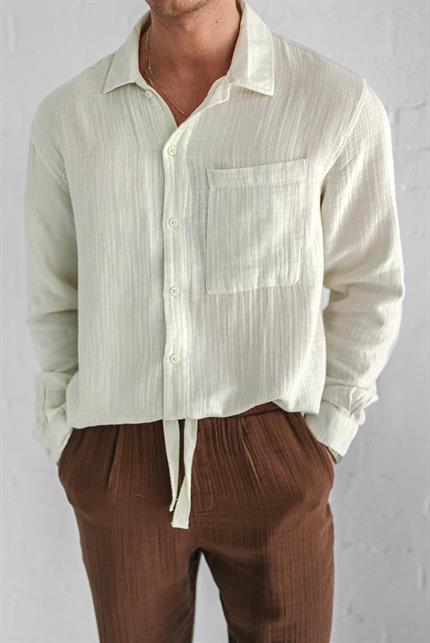 Erkek Oversize Fit Uzun Kollu Müslin Gömlek Bej