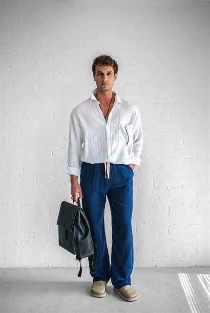 Erkek Oversize Fit Uzun Kollu Müslin Gömlek Beyaz