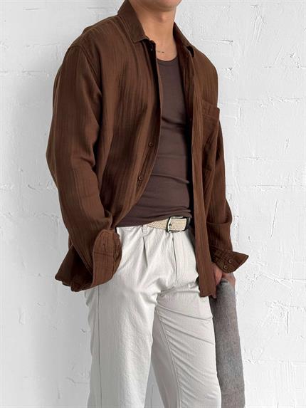 Erkek Oversize Fit Uzun Kollu Müslin Gömlek Kahverengi
